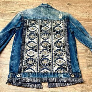 Jaase Womens Blue Embellished Distressed Fringe Boho Denim‎ Jacket Size XS